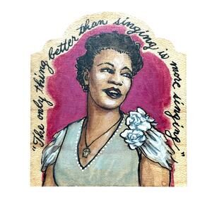 Handmade Ella Fitzgerald artisan brooch hand painted on wood musical icon singer